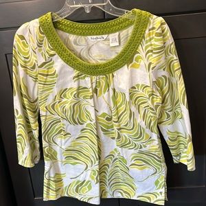 Susan Bristol Blouse. Shades of green on white. Green embroidery around neck. Sm